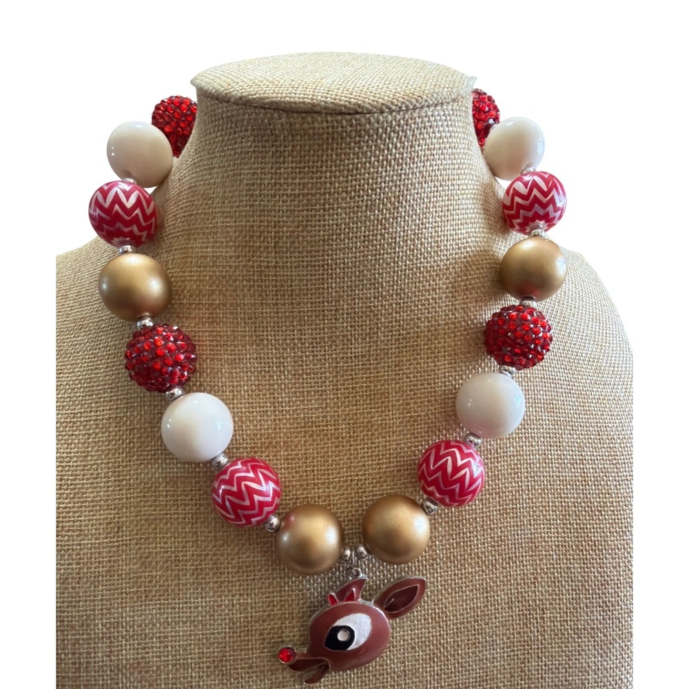 Christmas Reindeer Chunky Bubblegum Bead Necklace Red Gold White Holiday